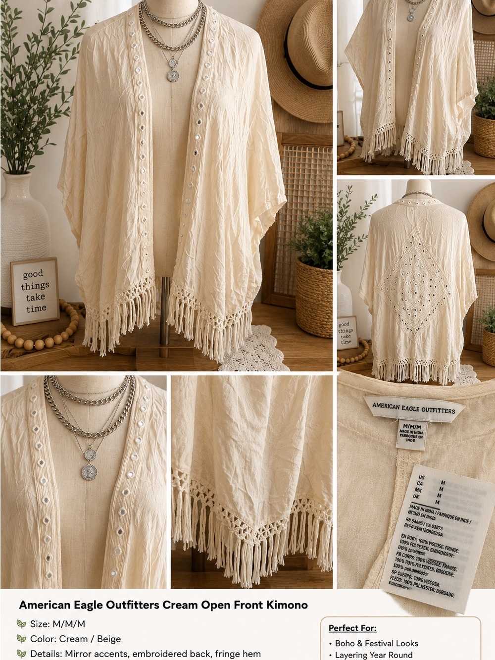 American Eagle Outfitters Cream/Beige Fringe Open-Front Kimono
